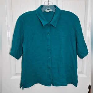 EILEEN FISHED mTeal Button-Up Women's Top